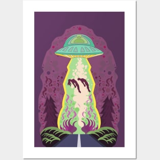 Man and Woman being abducted by alien spacecraft Posters and Art